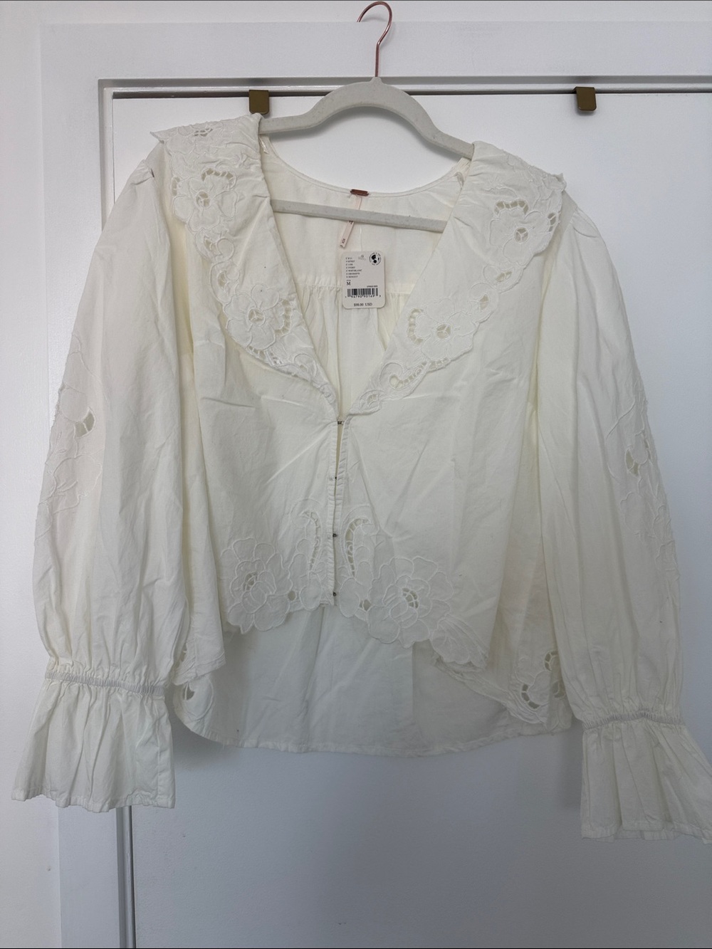Free People Cream Eyelet Zip-Front Lace Blouse
